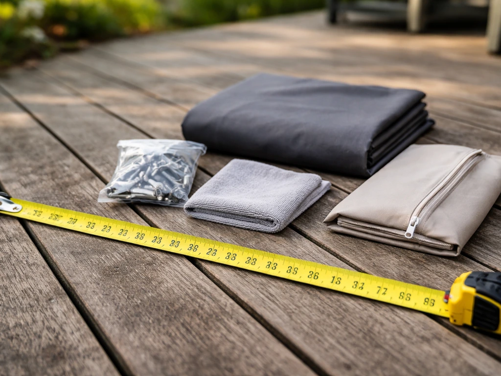 Measuring tape on a patio next to hardware and protective cover for furniture assembly and care.