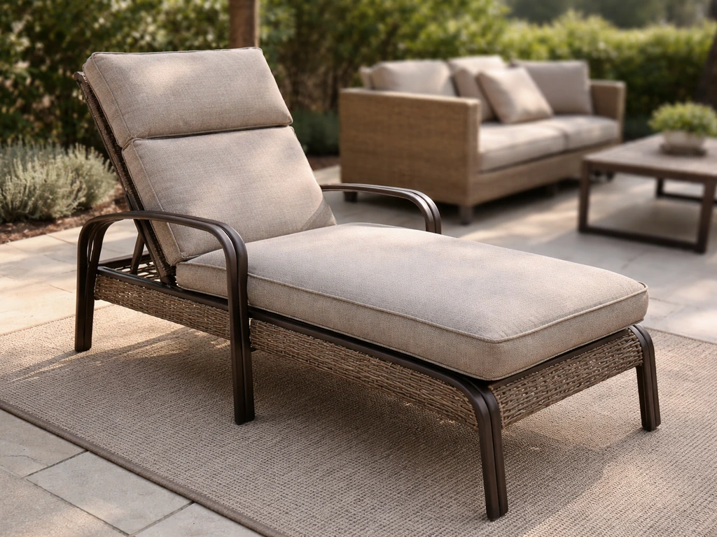 Close-up of a padded sling chaise lounge on a minimal outdoor patio in natural light