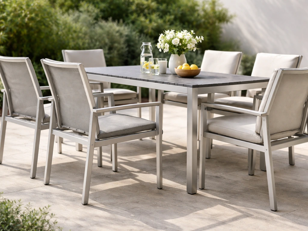 Aluminum-framed outdoor dining chairs with sling/padded seats around a table on a quiet patio.
