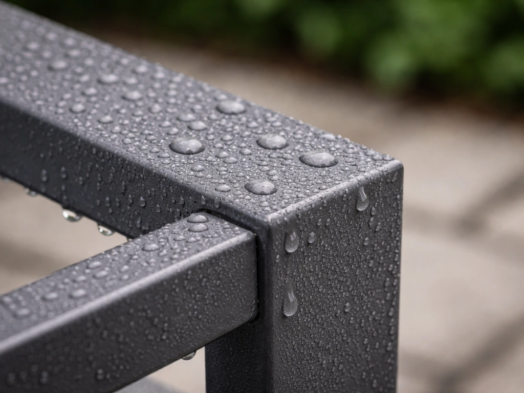 Close-up of powder-coated aluminum outdoor furniture frame with water beads after light rain.