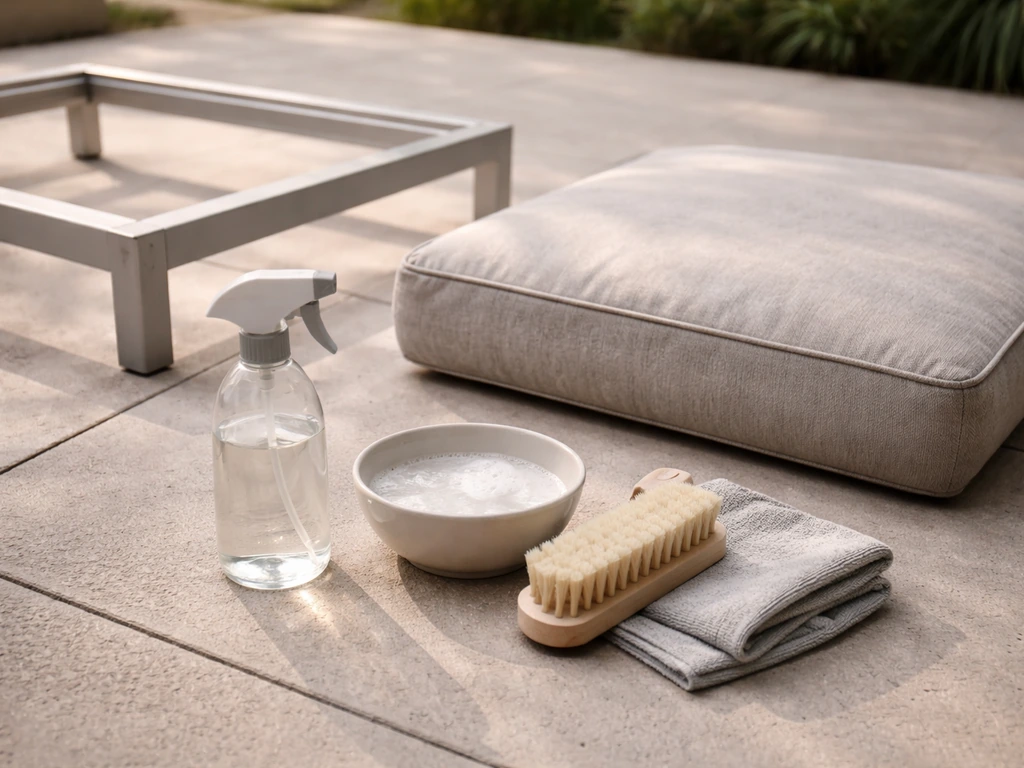 Cleaning supplies and a soft brush beside an aluminum frame with an outdoor fabric cushion