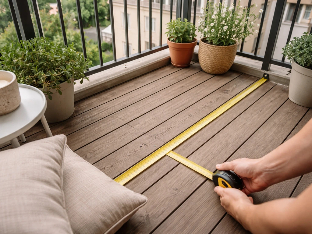 Hands measuring a small balcony patio with a tape measure for fitting outdoor furniture.