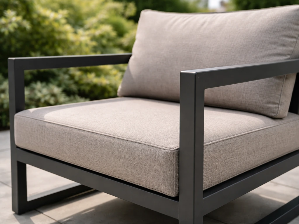 Close-up of an outdoor lounge armchair showing cushions, arm shape, and seat proportions