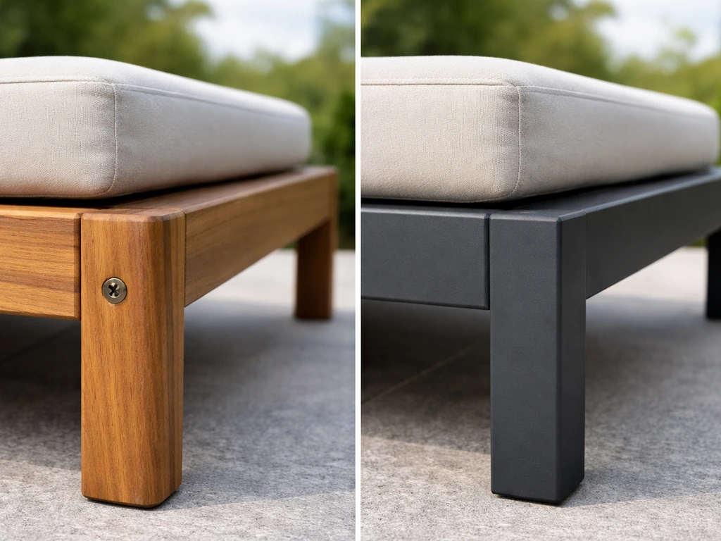 Side-by-side close-up of acacia wood and powder-coated metal outdoor furniture frames.