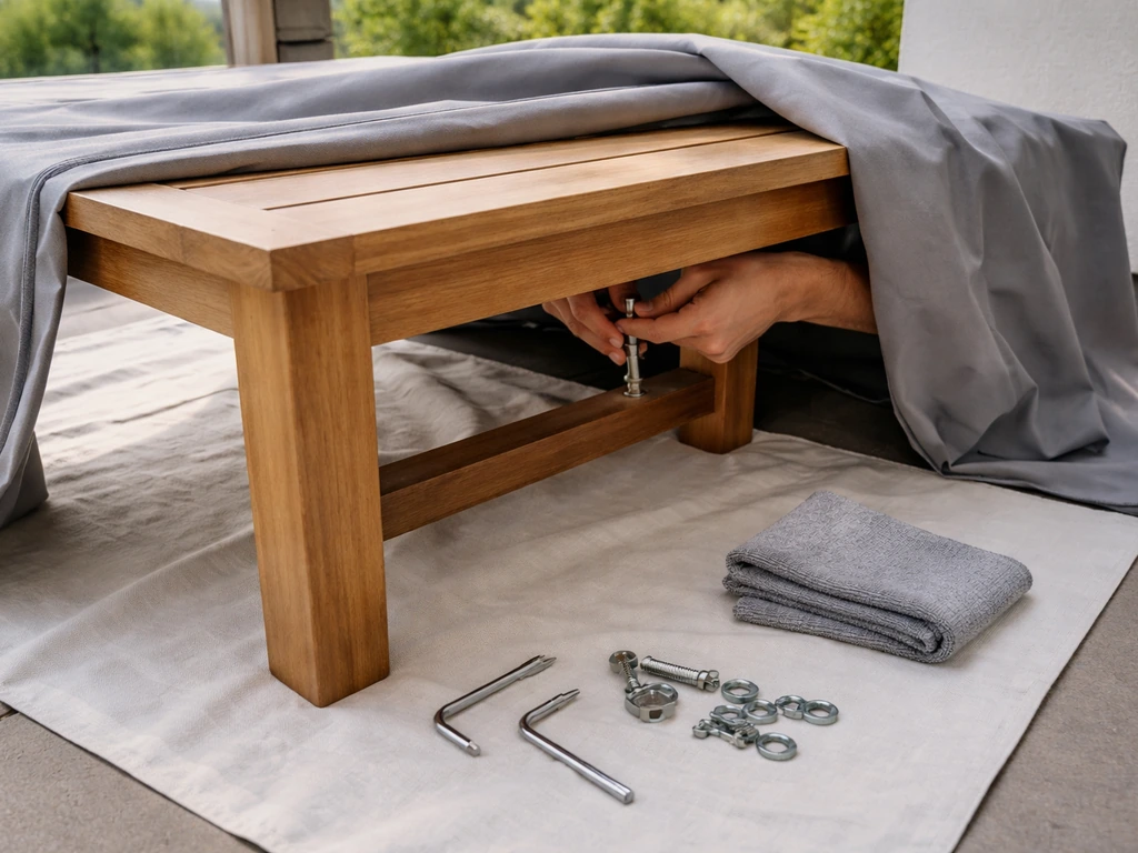 Hands tightening outdoor furniture bolts near Allen keys and a cloth on a patio for maintenance-ready setup.