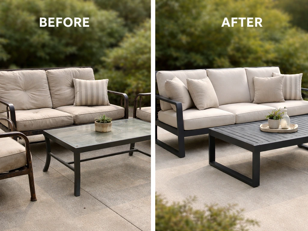Split view of two patio sets: one rusted and sagging, one intact powder-coated aluminum with cushions
