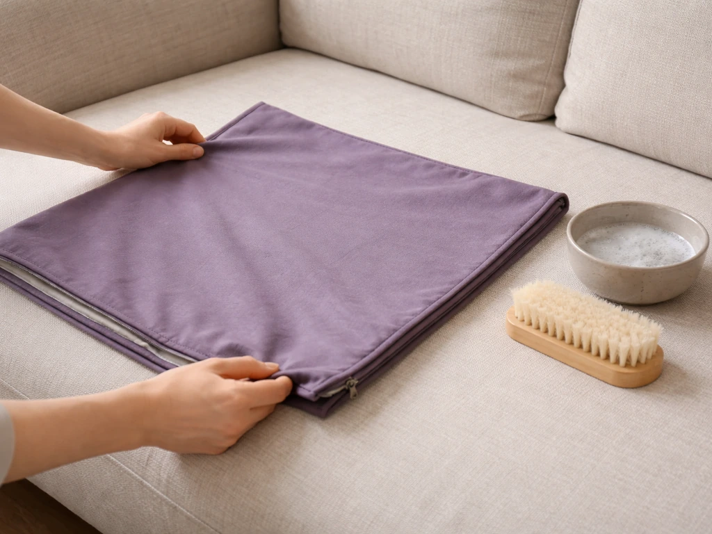 Removable cushion cover laid flat with a small brush and mild soap-water cleaning setup on a clean surface