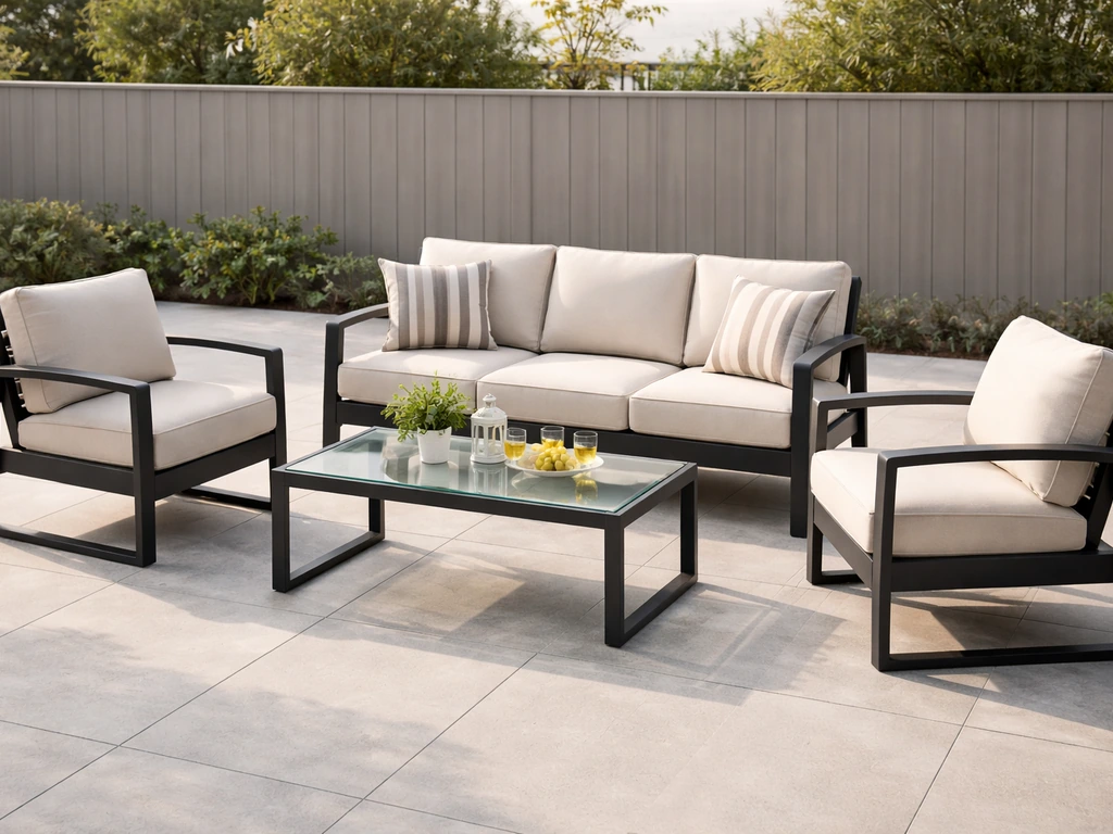 Modern patio conversation set with sofa, chairs, and glass-top table on a clean outdoor patio.