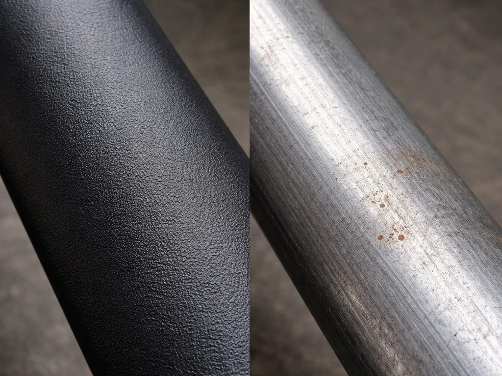 Side-by-side close-up of powder-coated steel vs bare metal with subtle rust freckles.