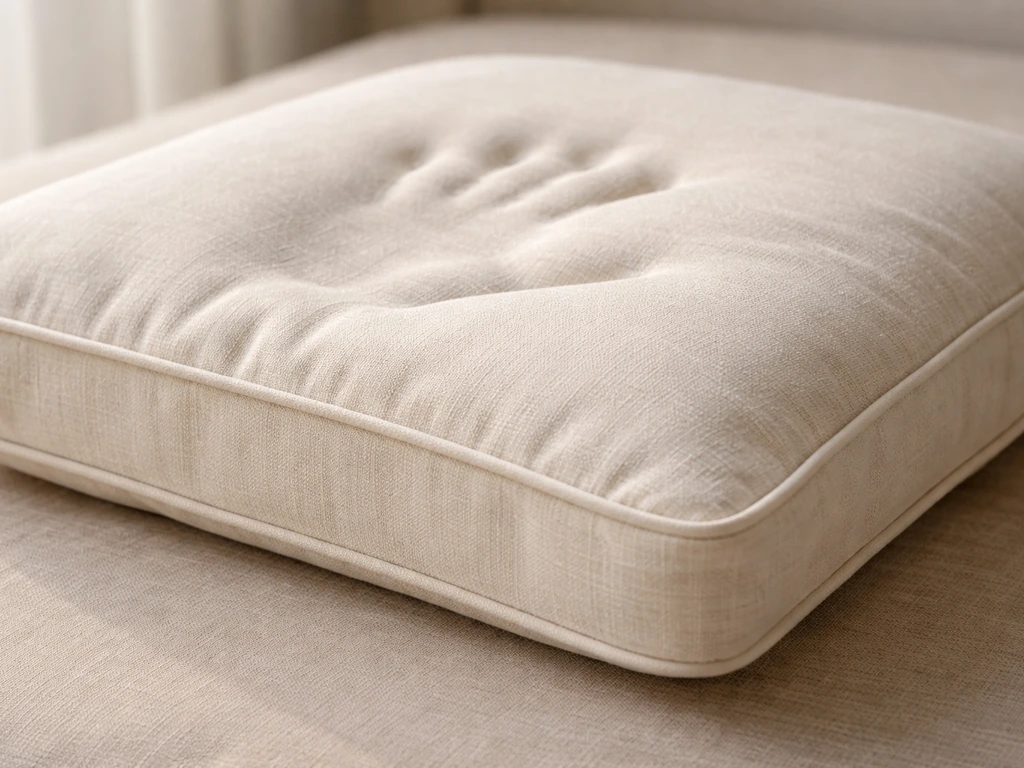 Close-up of a polyester-covered foam cushion compressing slightly under gentle pressure.