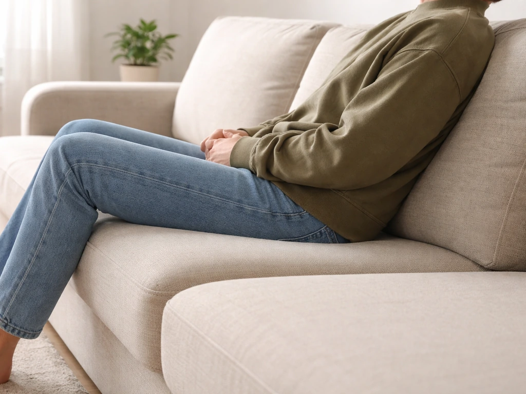 Adult lounges on a deep sofa, side view showing seat cushion depth and back support alignment.