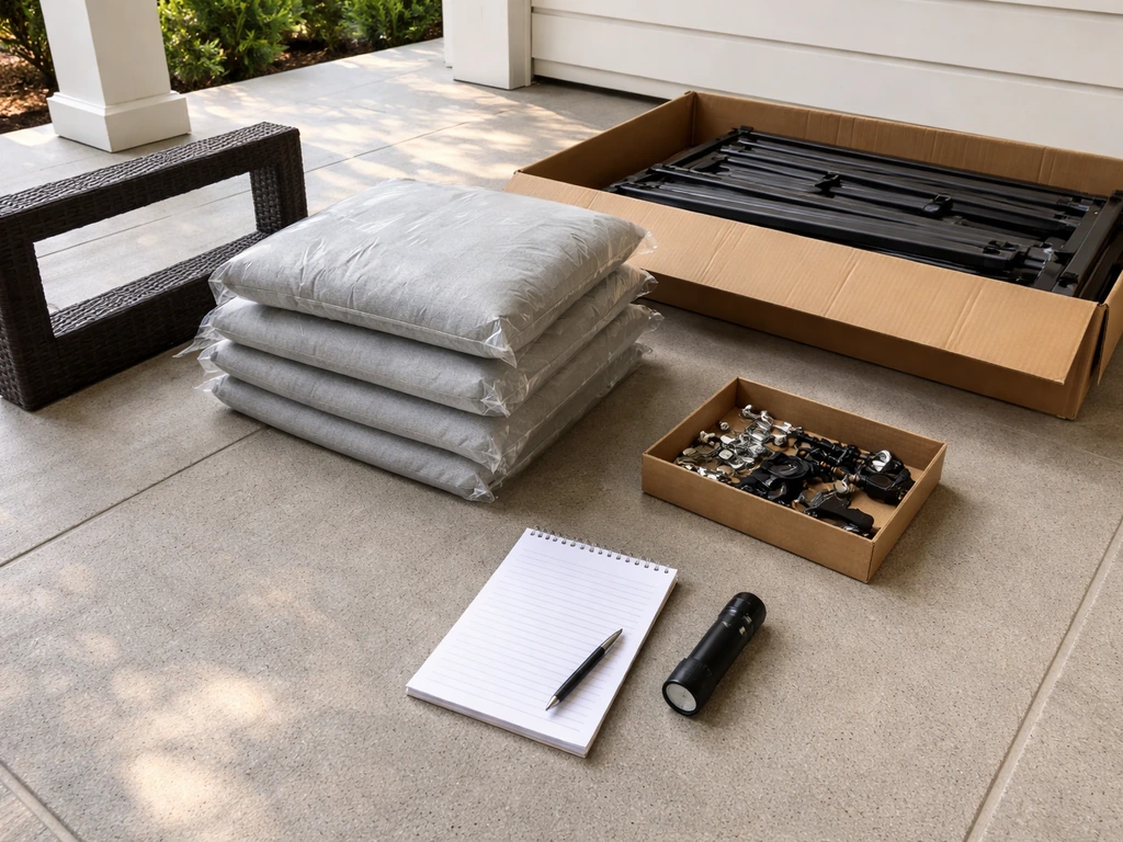 Delivered patio furniture parts on a porch floor, with hardware and cushions ready to inspect