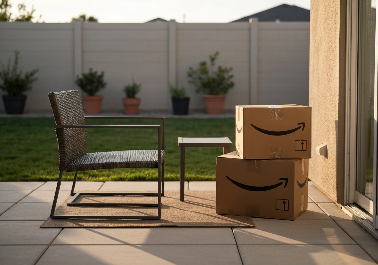 Compact patio furniture beside stacked shipping boxes on a backyard patio, showing direct-to-consumer delivery setup.