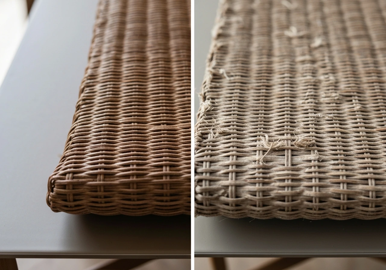 Closeup of two cushion fabric samples side-by-side, one fresh and one faded with thinner weave.