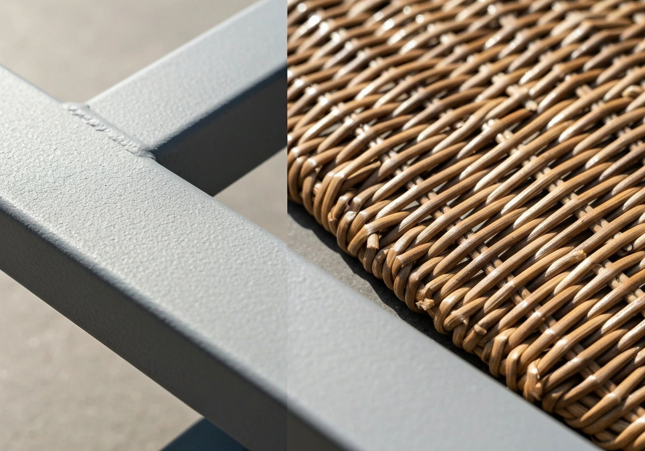 Macro close-up of powder-coated steel next to PE resin rattan wicker fibers, showing material textures.