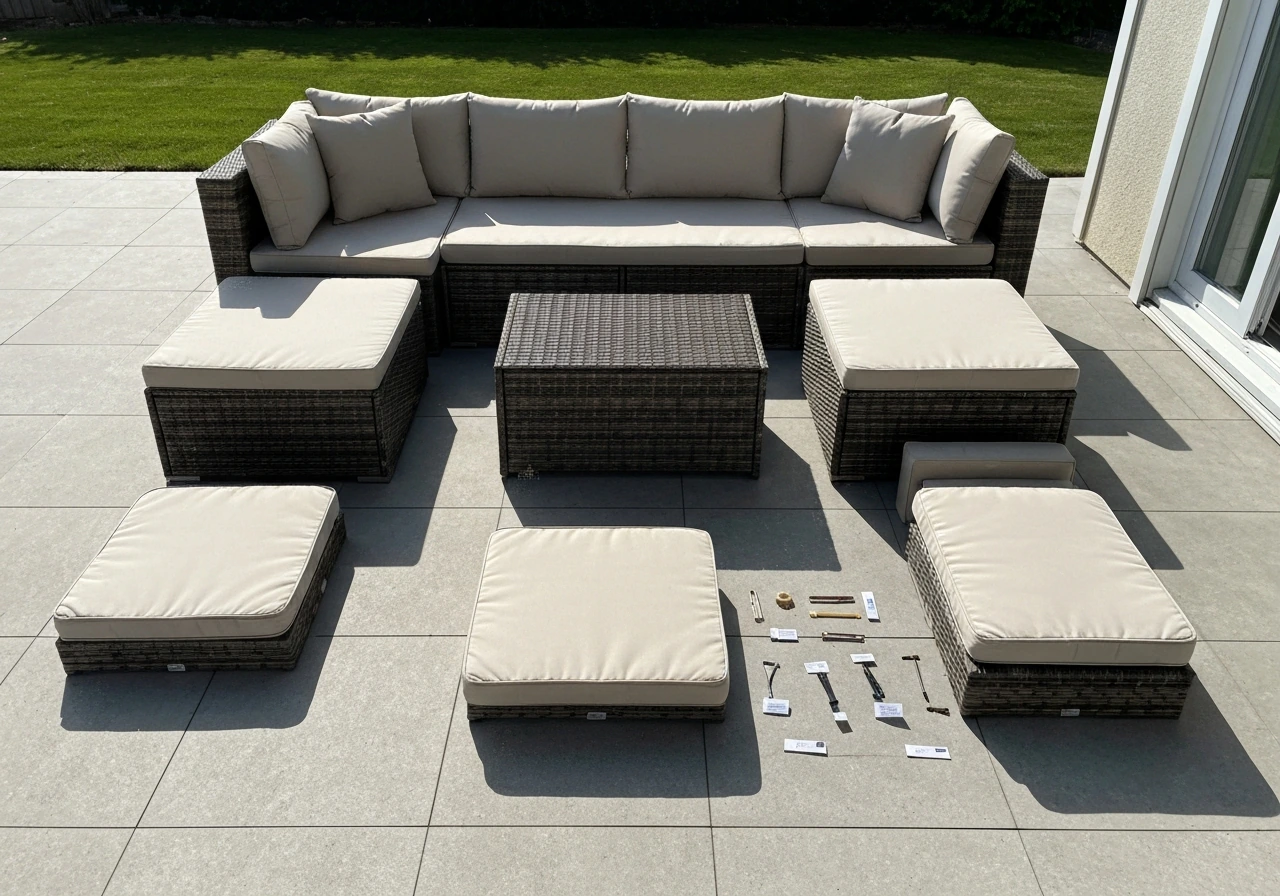 Minimal patio floor scene showing a laid-out 7-piece outdoor sectional patio set with cushions