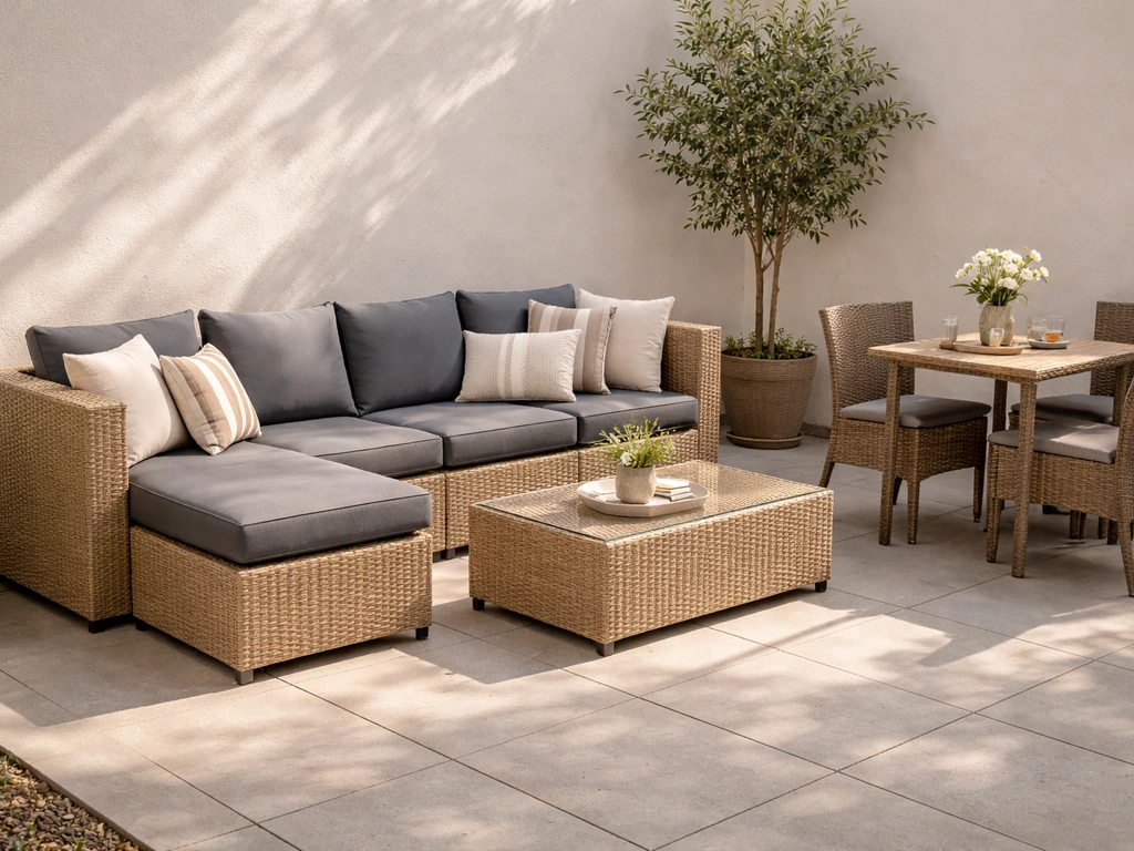 Sunlit patio with beige PE rattan sectional and a nearby dining table set in simple minimal setting.