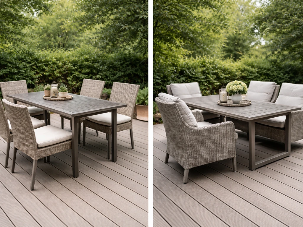 Side-by-side patio seating sets on a simple deck: one budget-style, one more premium look.