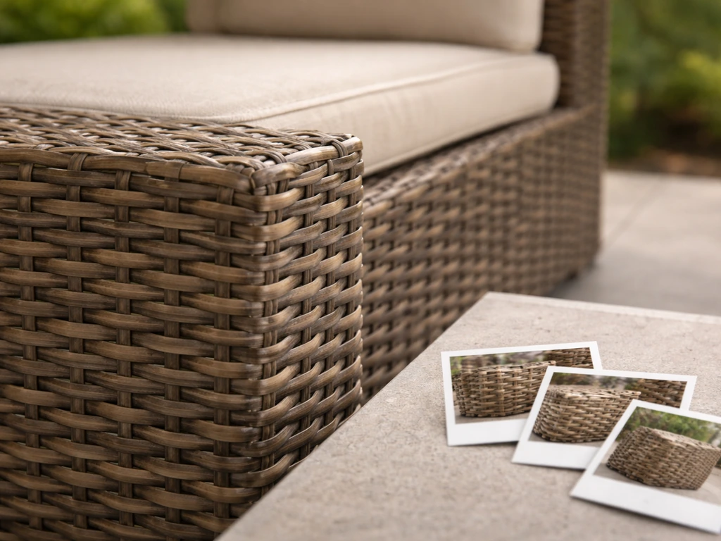 Close-up of woven rattan-style patio furniture in natural light with subtle buyer-style detail cues