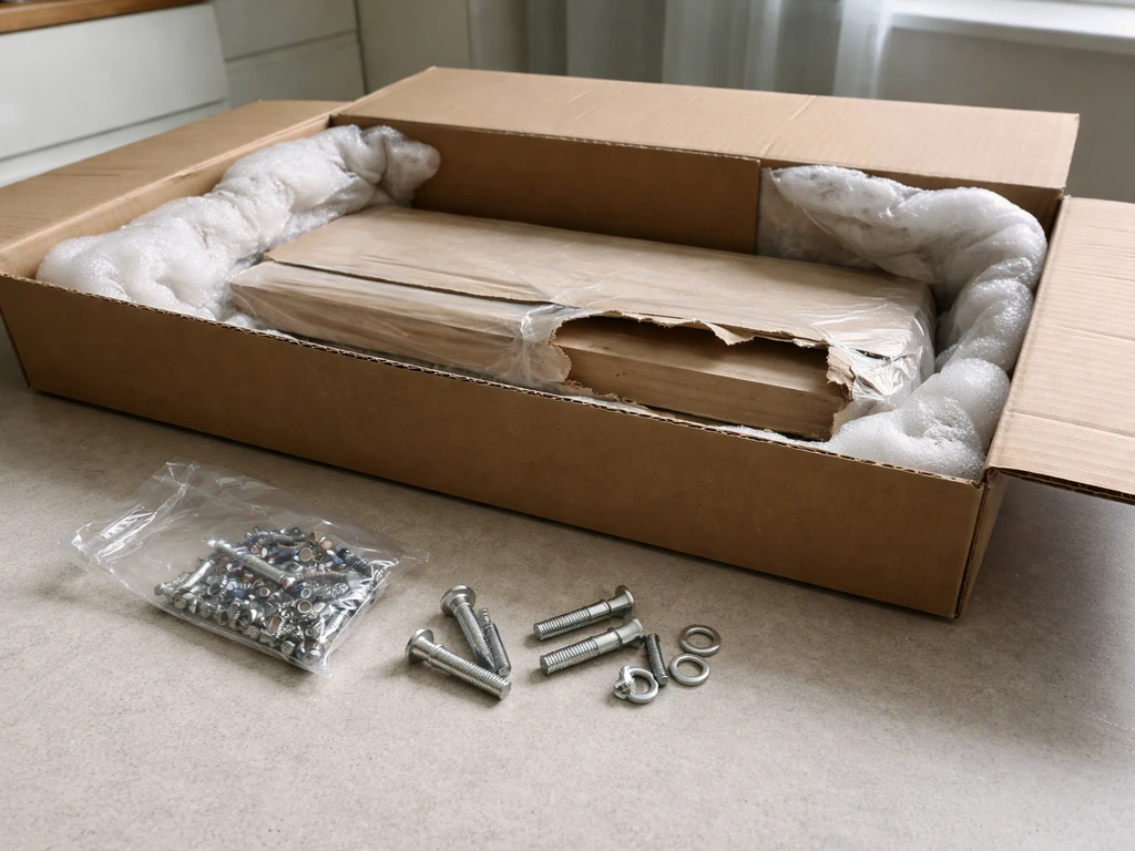 Unopened furniture box on a table with a loose hardware bag and packing where a cushion is missing.