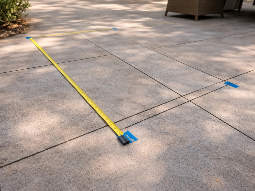 Measuring tape on a patio floor with tape marks and clear walkway-clearance spacing for a layout