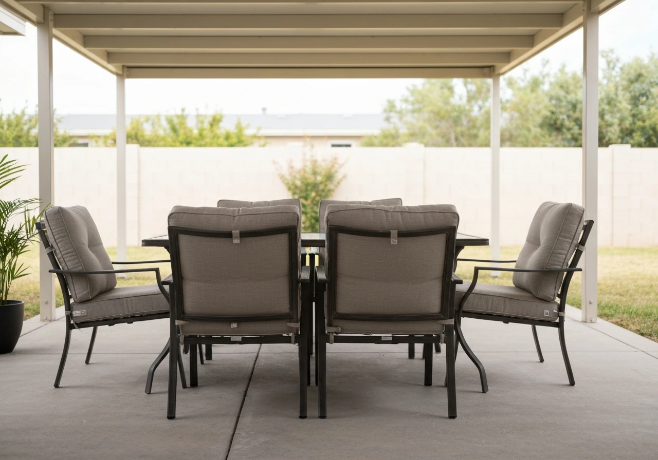 Complete cushioned outdoor dining set on a covered patio, showing weather-ready comfort and durability.
