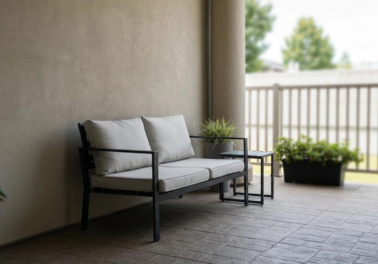 Covered patio with a modern outdoor seating set in shade, potted plants nearby, realistic home setting.