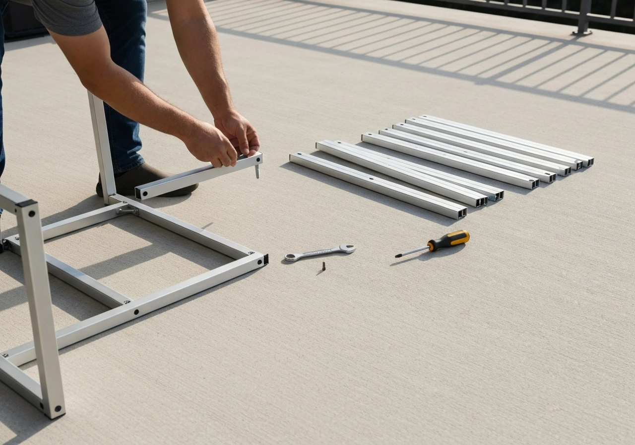 Person assembling an aluminum patio dining set with tools and frame parts on the ground