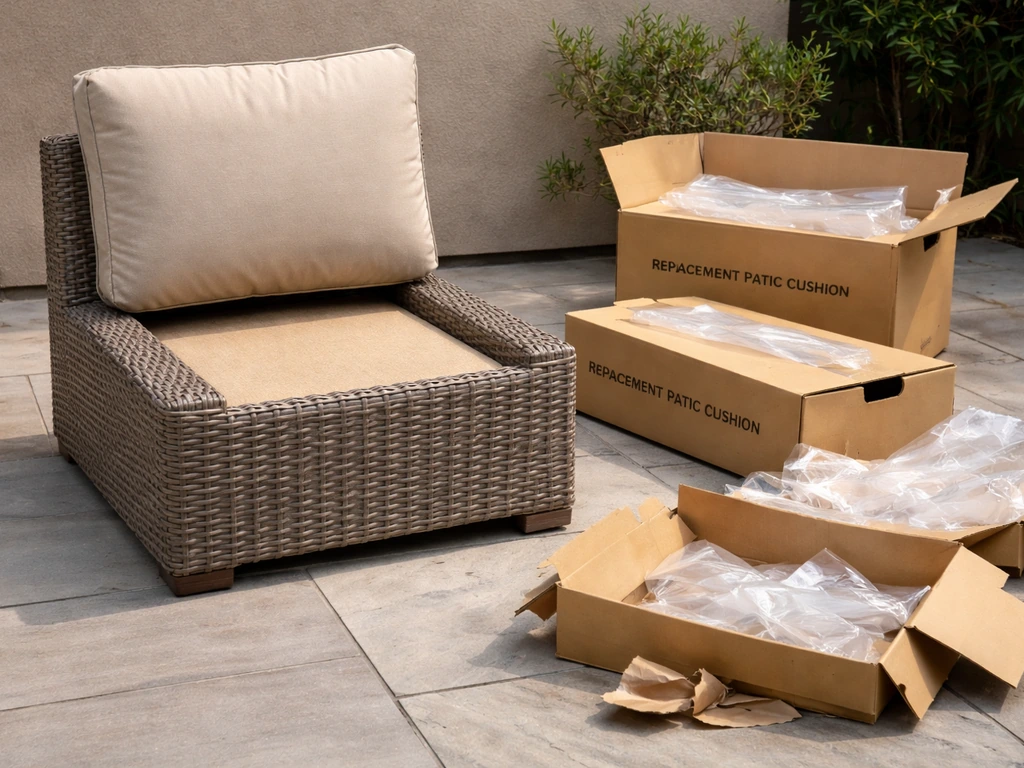 Outdoor sofa with a missing cushion beside empty replacement cushion boxes and packaging.