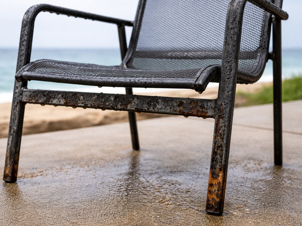 Outdoor metal chair on wet coastal patio showing rust spots and waterline corrosion