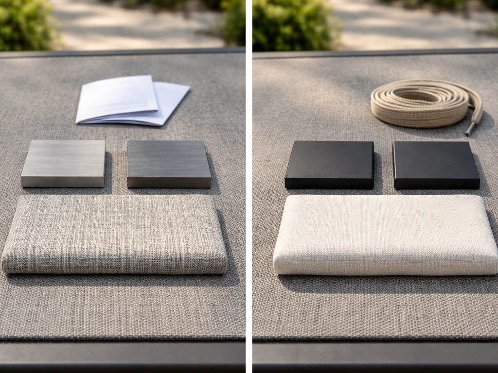 Minimal tabletop comparison scene with patio furniture swatches and a small outdoor fabric cushion set