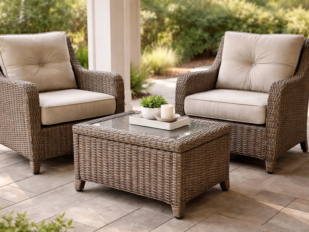 Ashley-style resin wicker patio conversation set with cushioned chairs under outdoor shade