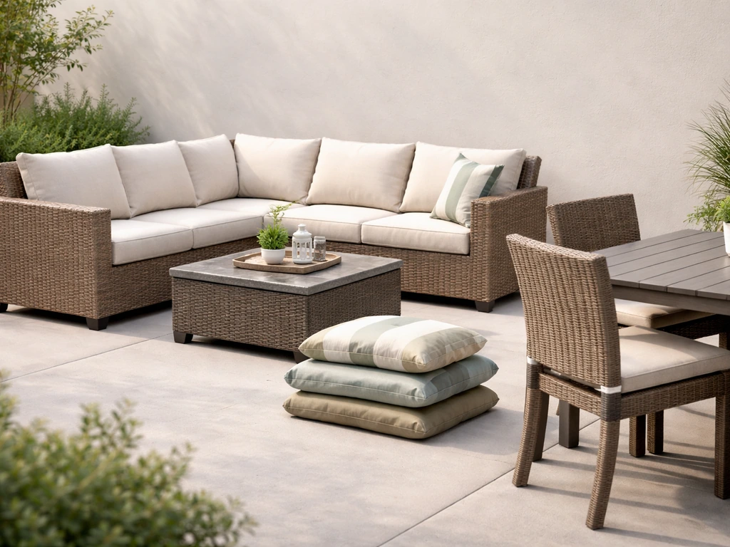 Outdoor patio conversation set and cushions with matching dining pieces arranged clearly on a patio.