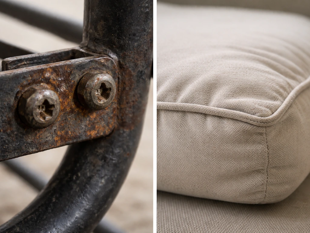 Split close-up of rusty metal hardware and sagging cushion foam on an outdoor furniture set