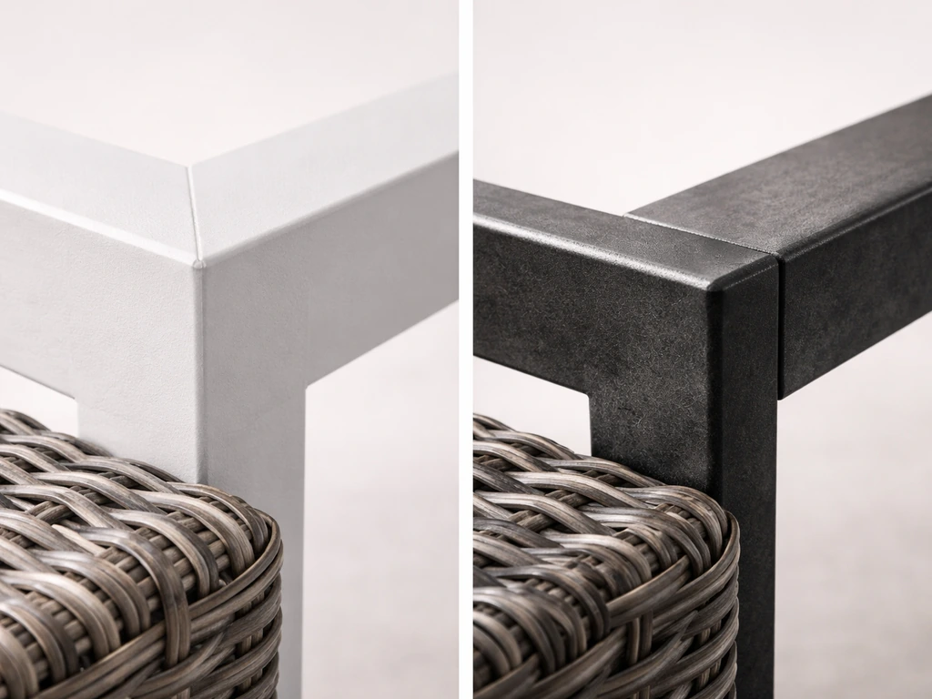 Close-up comparison of powder-coated aluminum vs steel frame, with resin wicker on an aluminum section.
