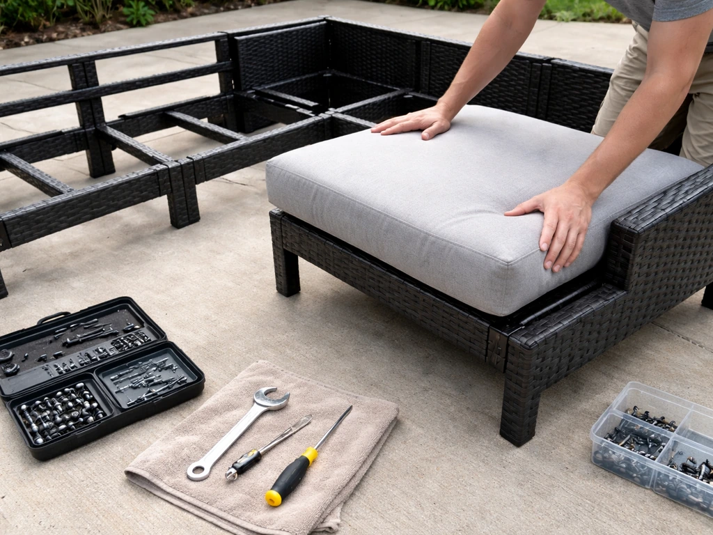 Partially assembled outdoor furniture on a patio with tools nearby and cushions being installed.
