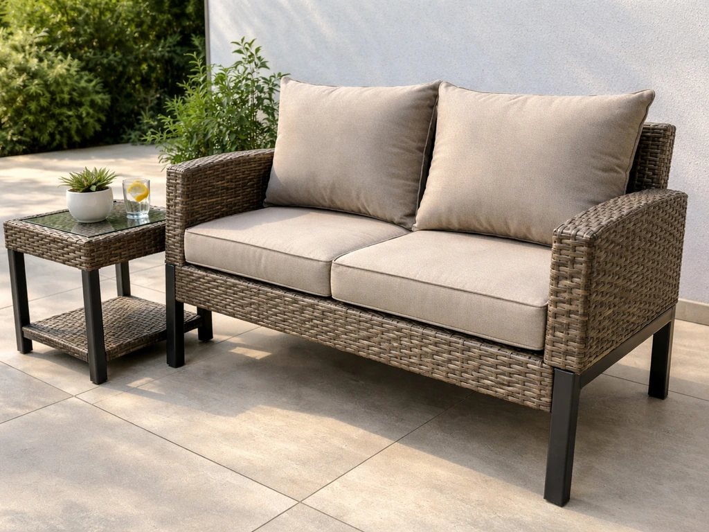 Close-up of a wicker patio conversation set with neutral cushions on a clean outdoor patio