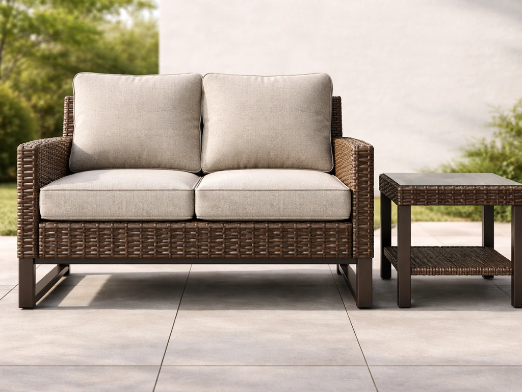 A close-up view of a Zeus-and-Ruta style wicker patio conversation set with cushions in an outdoor setting.