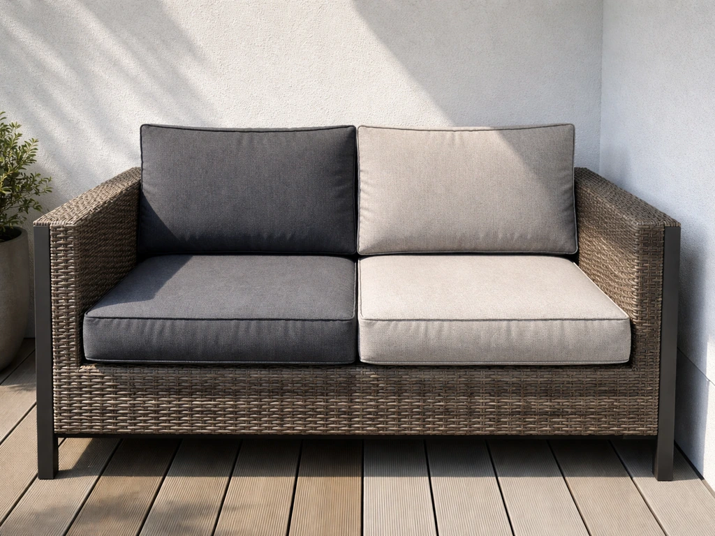 Outdoor composite wicker with one side UV-faded in sun and the other shaded, richer in color