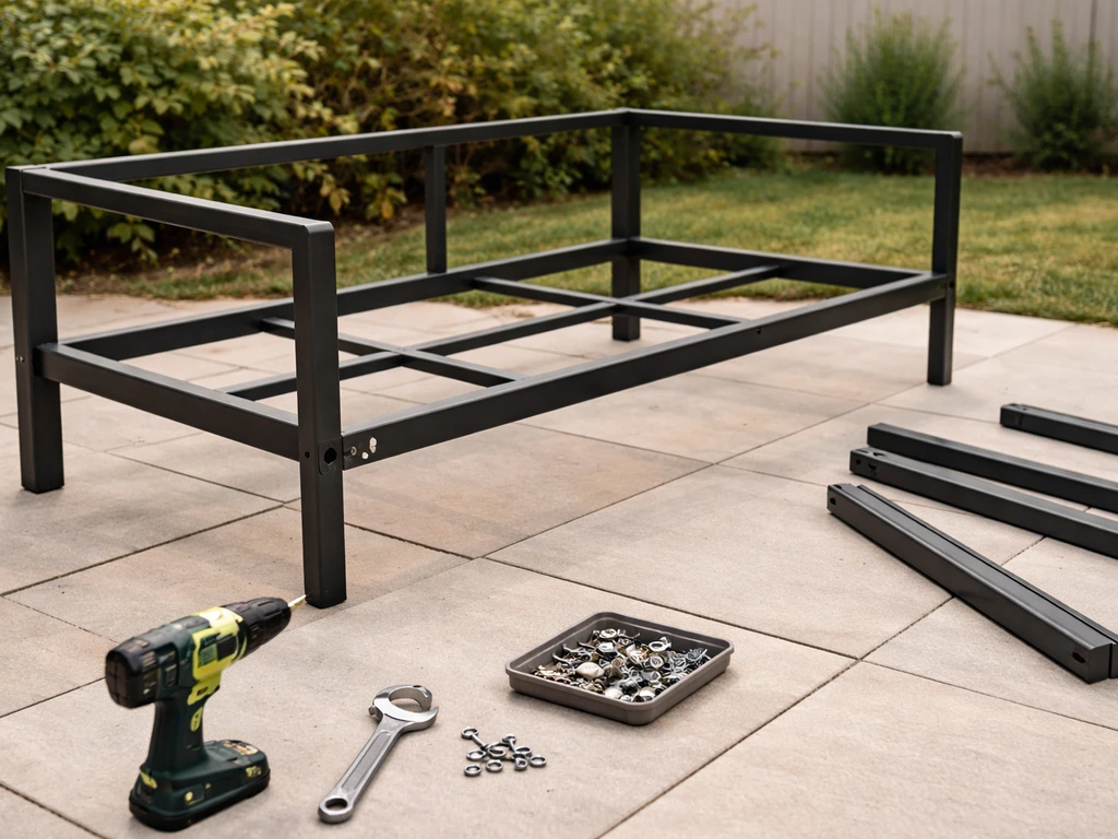 Patio set mid-assembly with aligned frame bolts, tools, and hardware neatly laid out on the patio.