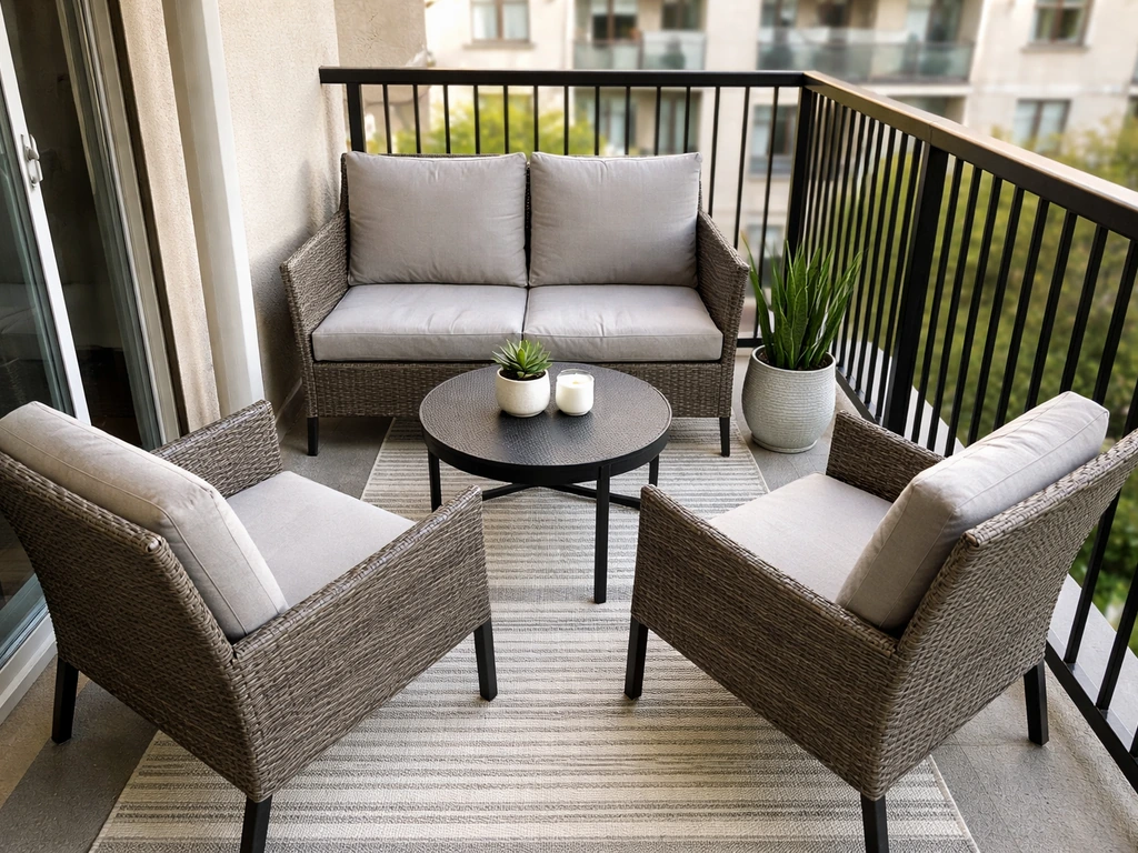 Small apartment balcony patio with a compact 4–6 piece conversation set arranged to fit tight space.