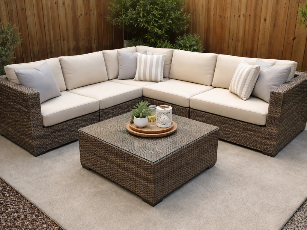 Modular PE wicker outdoor sectional sofa set with cushions and a coffee table on a quiet backyard patio.