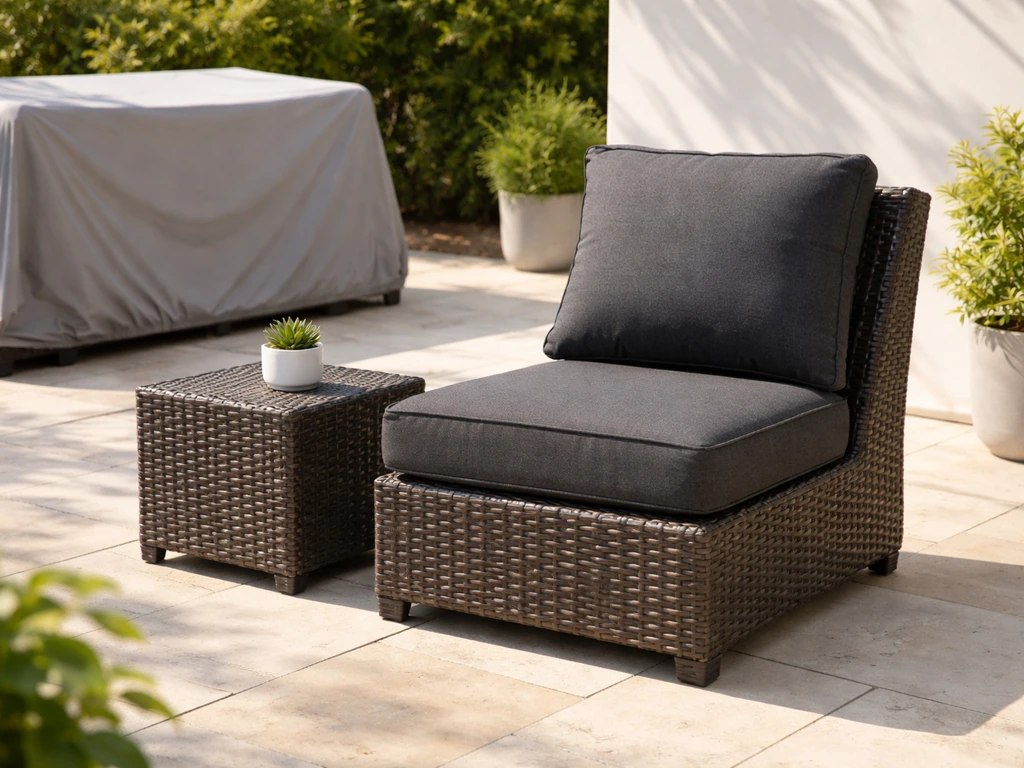 PE wicker outdoor set on a sunny patio with a protective cover nearby, suggesting weather resistance
