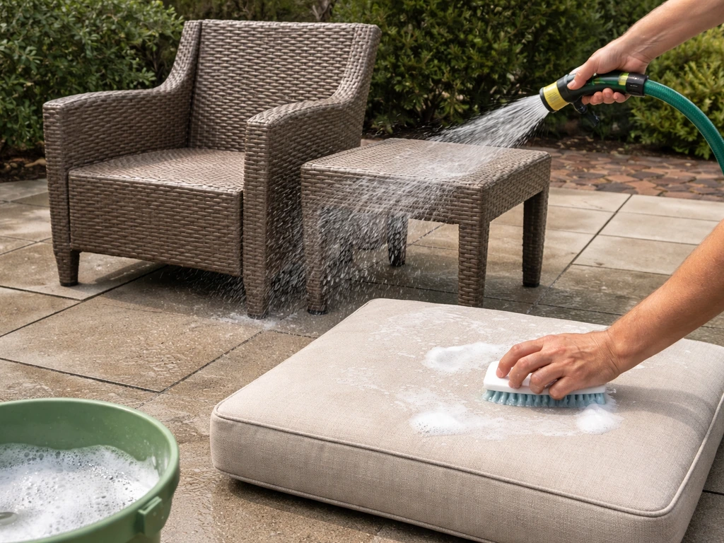 Hands and hose rinsing a PE wicker outdoor set while olefin cushions sit nearby