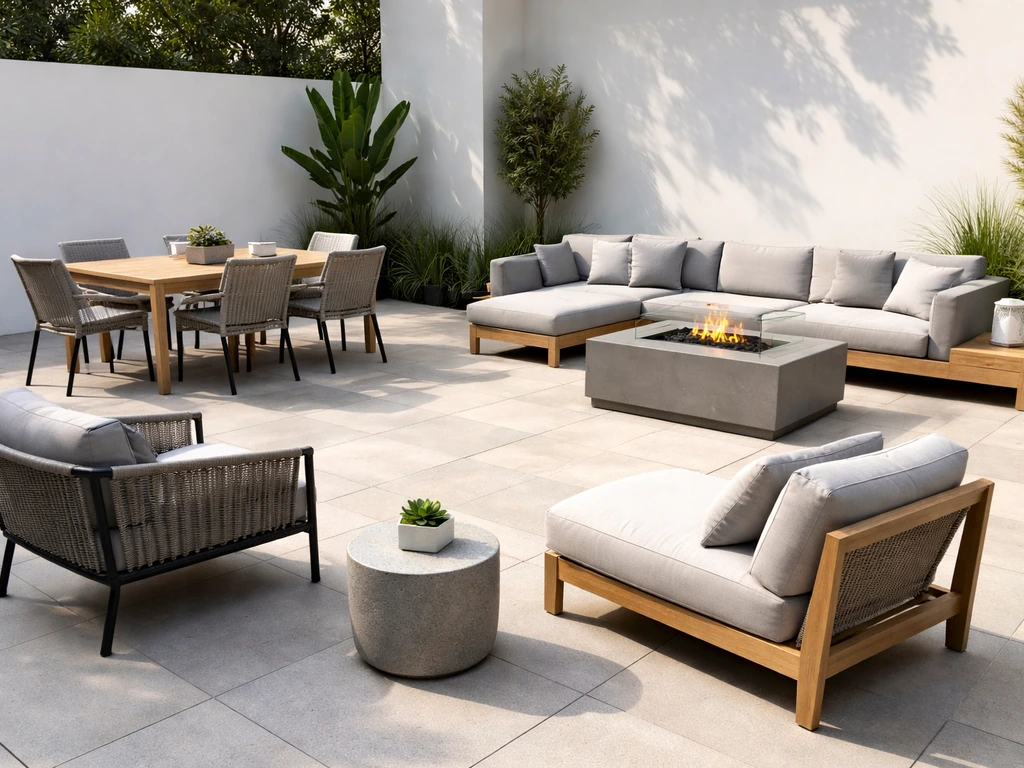 Outdoor patio display showing dining set, modular conversation set, and a few outdoor chair pieces