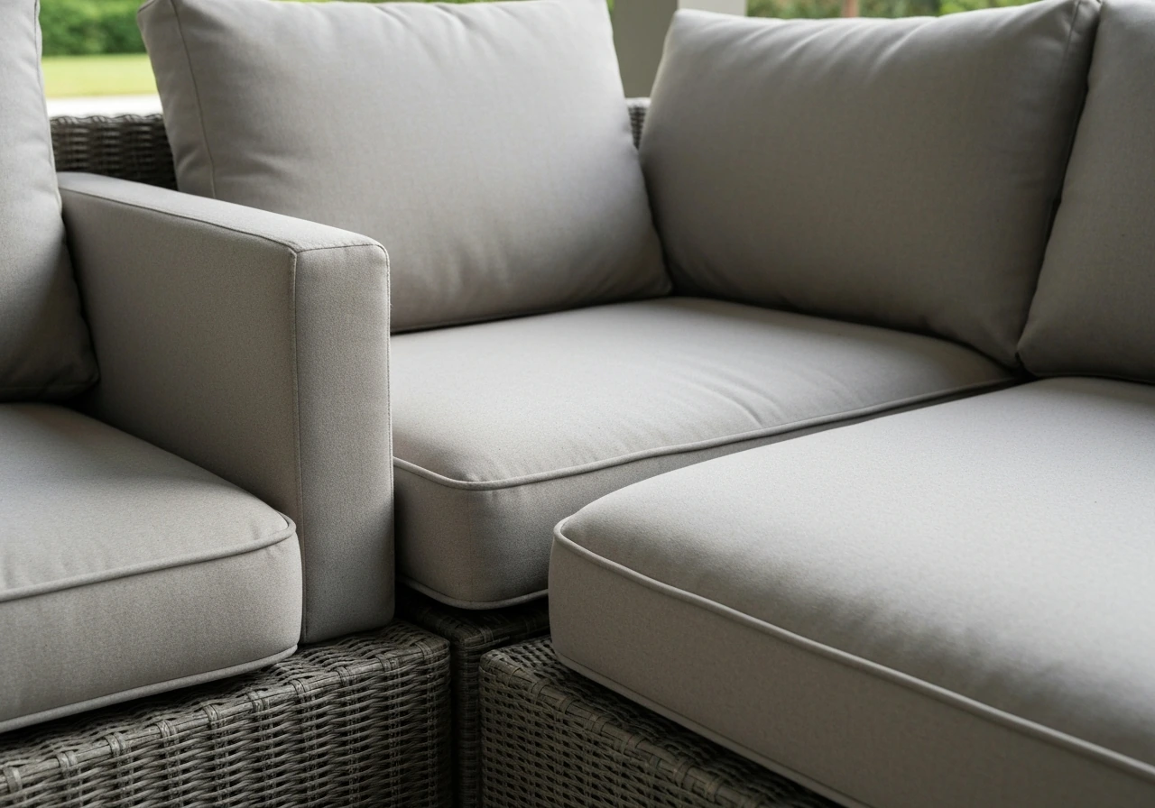 Close-up of a patio sectional cushion and armrest detail with visible modular connection between seats.