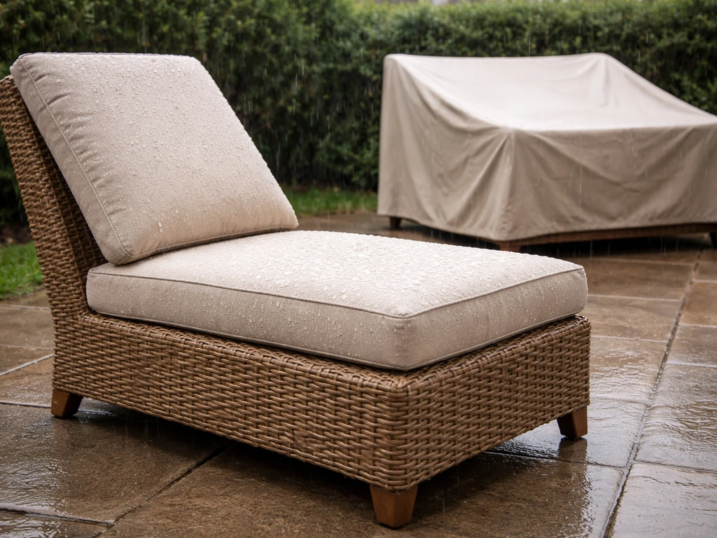 Outdoor patio chairs with PE wicker in light rain, water beading and a protective cover nearby.