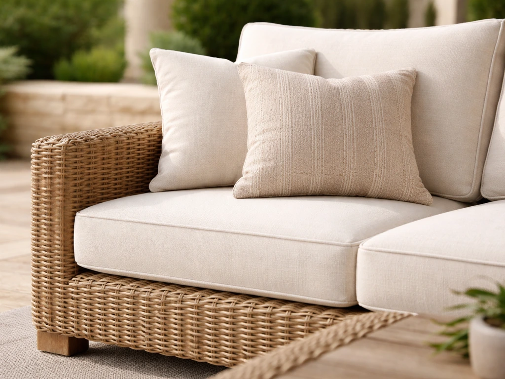 Close-up of a coordinated outdoor wicker lounge with matching cushions on a patio.