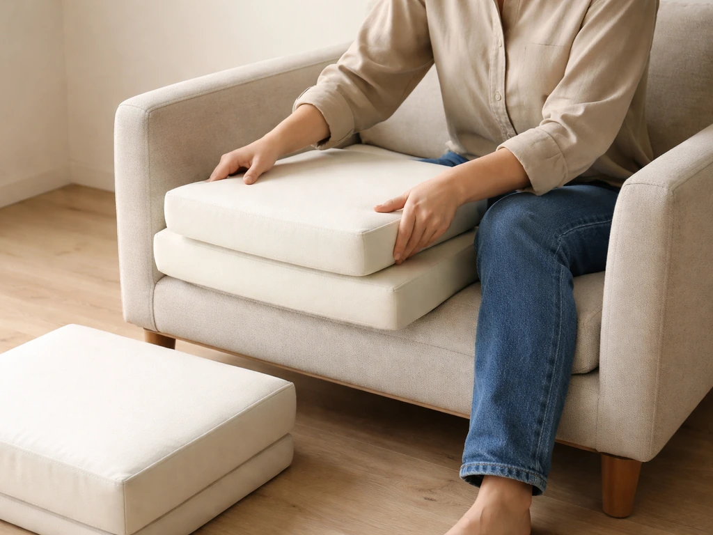 Anonymous person testing seat comfort on a lounge chair with two cushion thicknesses
