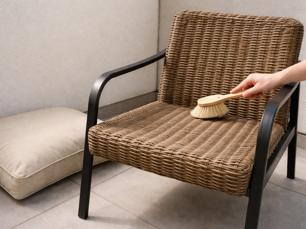 Close-up of an outdoor wicker chair being dusted, with metal frame and cushion removed for indoor storage